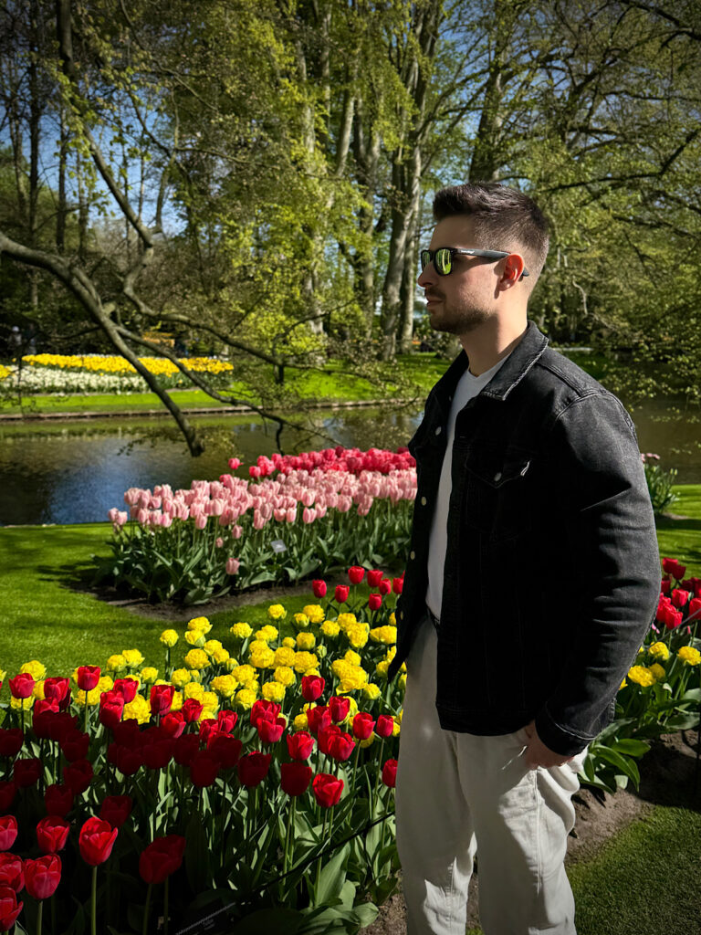 Autor w ogrodzie keukenhof pośród tulipanów